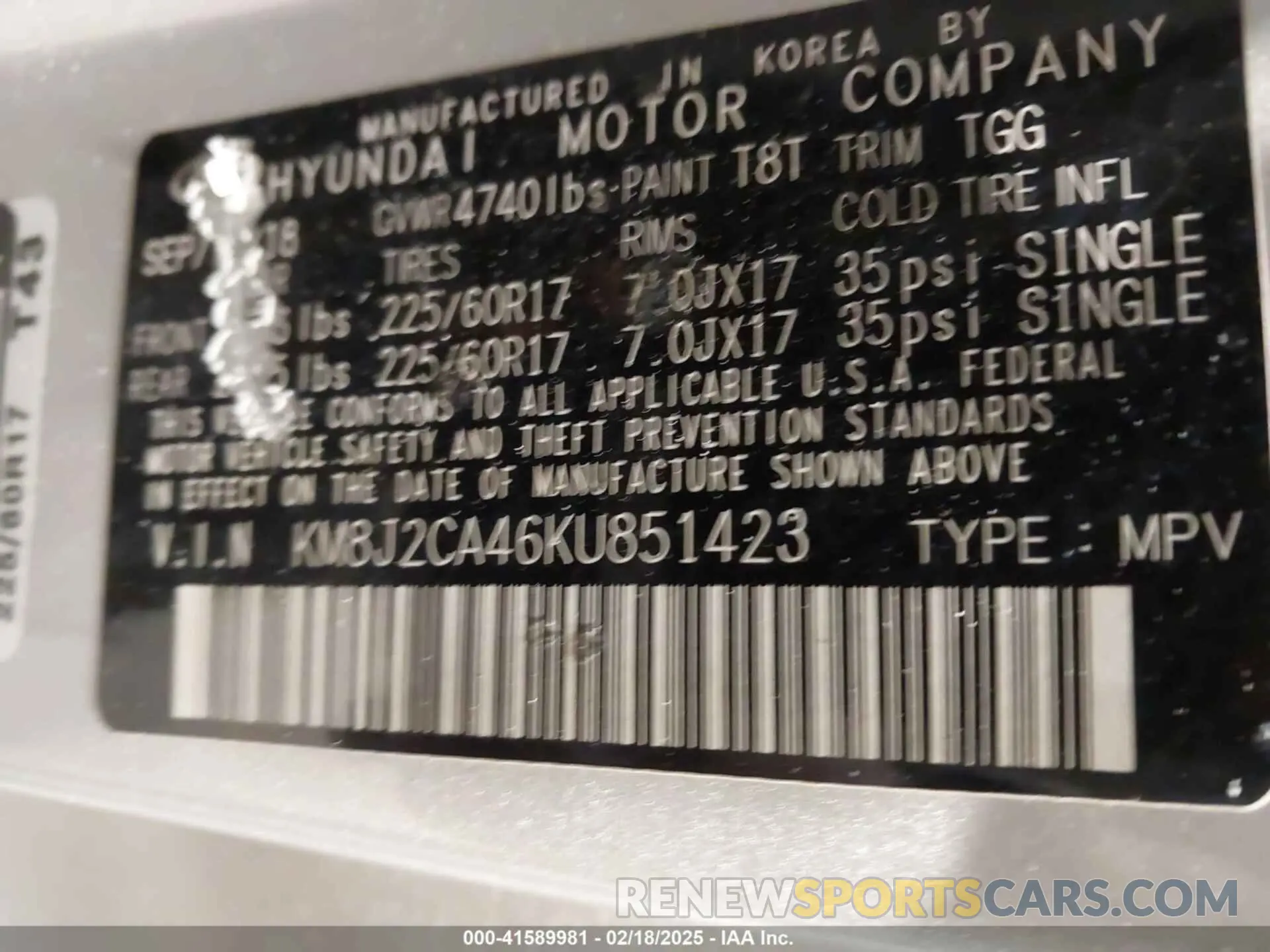 9 Photograph of a damaged car KM8J2CA46KU851423 HYUNDAI TUCSON 2019