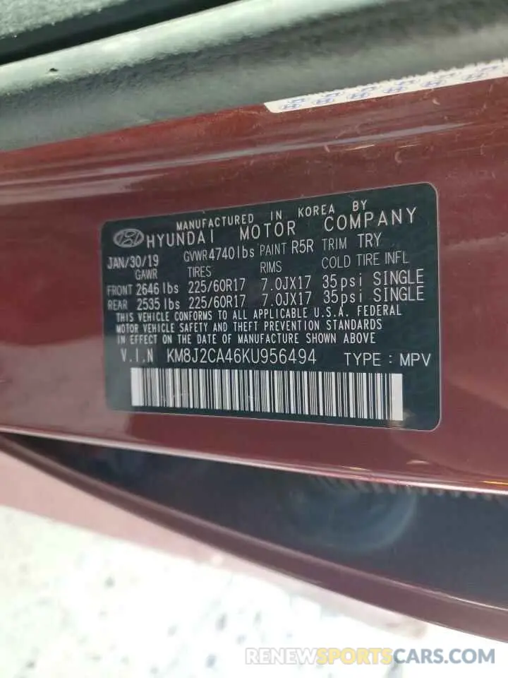 12 Photograph of a damaged car KM8J2CA46KU956494 HYUNDAI TUCSON 2019