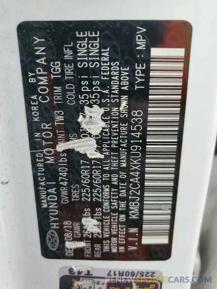 13 Photograph of a damaged car KM8J2CA4XKU914538 HYUNDAI TUCSON 2019