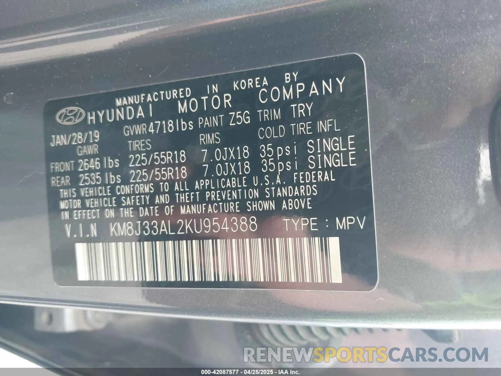9 Photograph of a damaged car KM8J33AL2KU954388 HYUNDAI TUCSON 2019