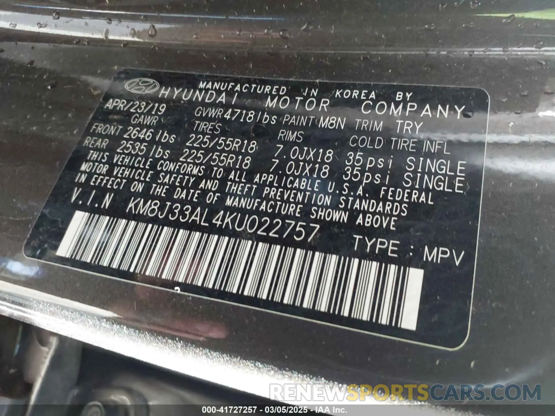 9 Фотография поврежденного автомобиля KM8J33AL4KU022757 HYUNDAI TUCSON 2019