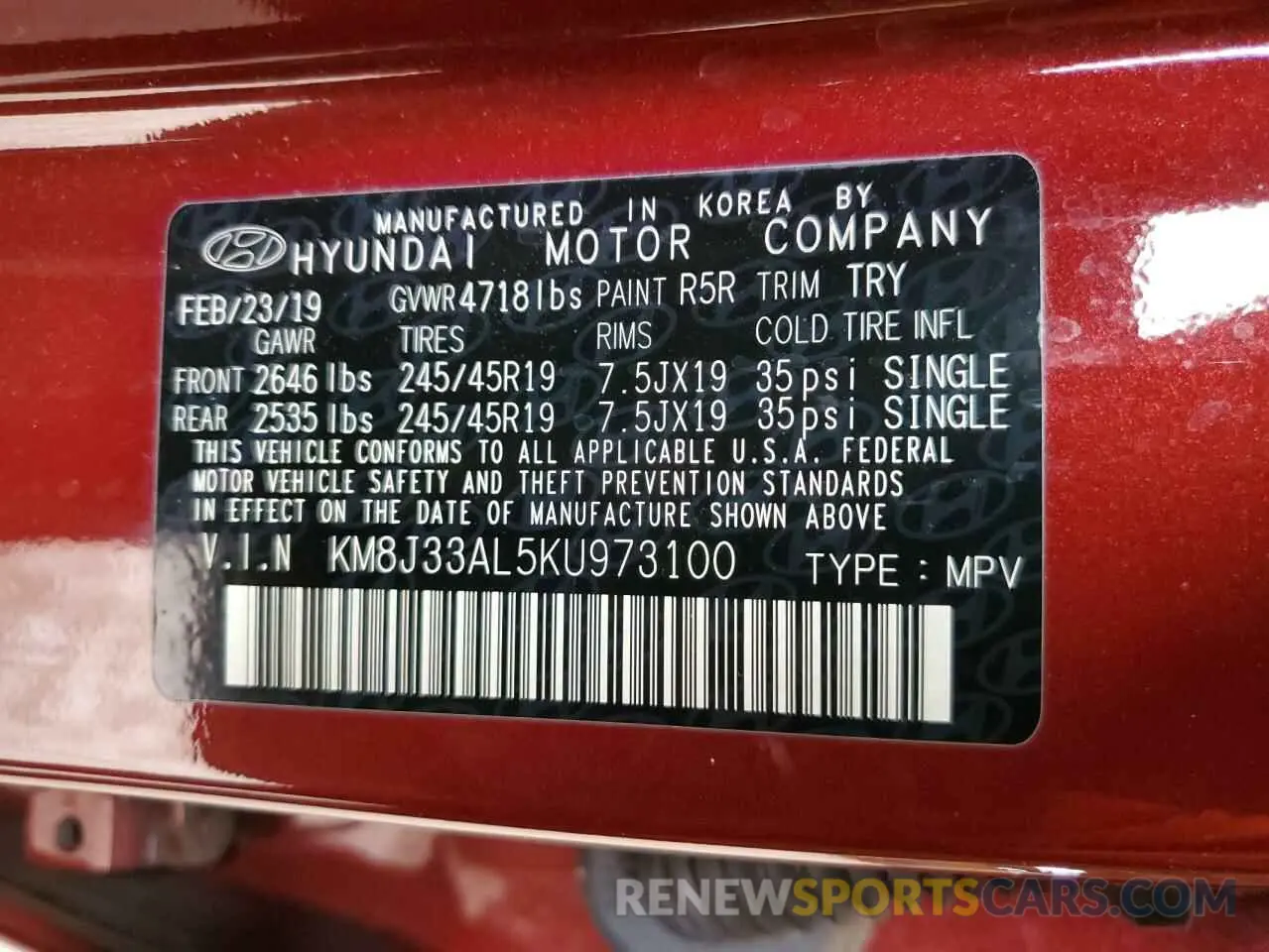 13 Photograph of a damaged car KM8J33AL5KU973100 HYUNDAI TUCSON 2019