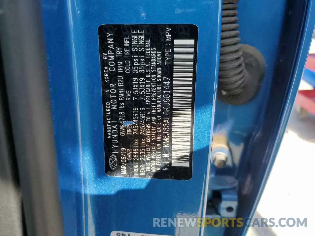 13 Фотография поврежденного автомобиля KM8J33AL6KU981447 HYUNDAI TUCSON 2019