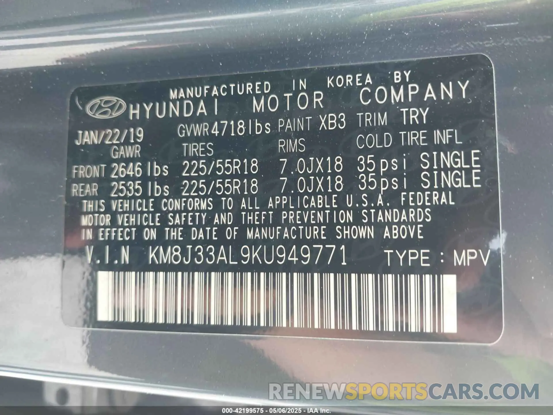 9 Фотография поврежденного автомобиля KM8J33AL9KU949771 HYUNDAI TUCSON 2019