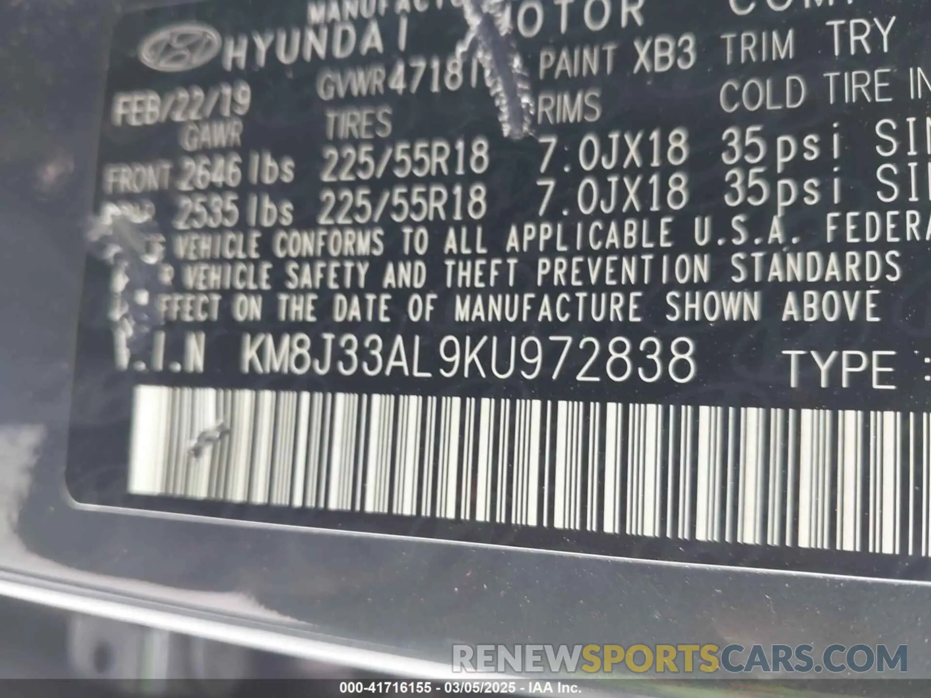 9 Photograph of a damaged car KM8J33AL9KU972838 HYUNDAI TUCSON 2019