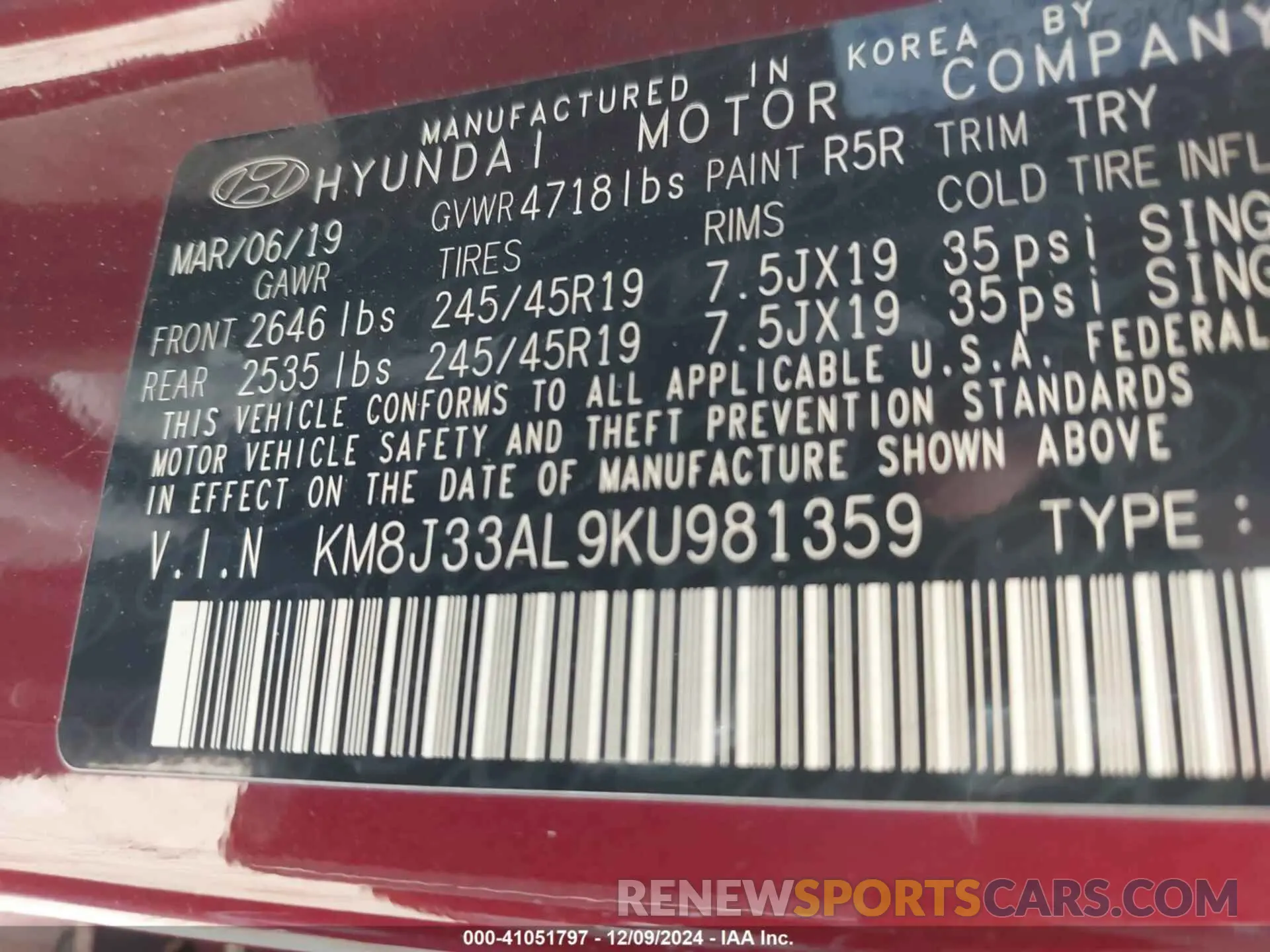 9 Фотография поврежденного автомобиля KM8J33AL9KU981359 HYUNDAI TUCSON 2019