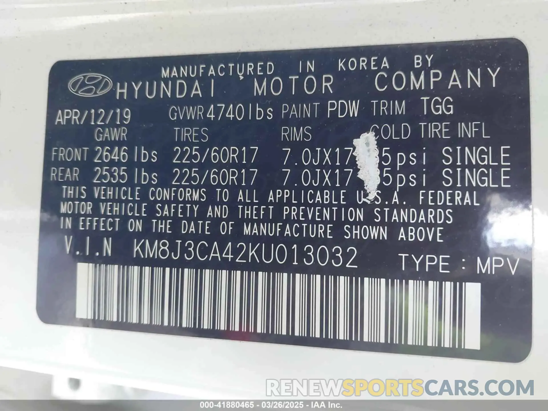9 Photograph of a damaged car KM8J3CA42KU013032 HYUNDAI TUCSON 2019