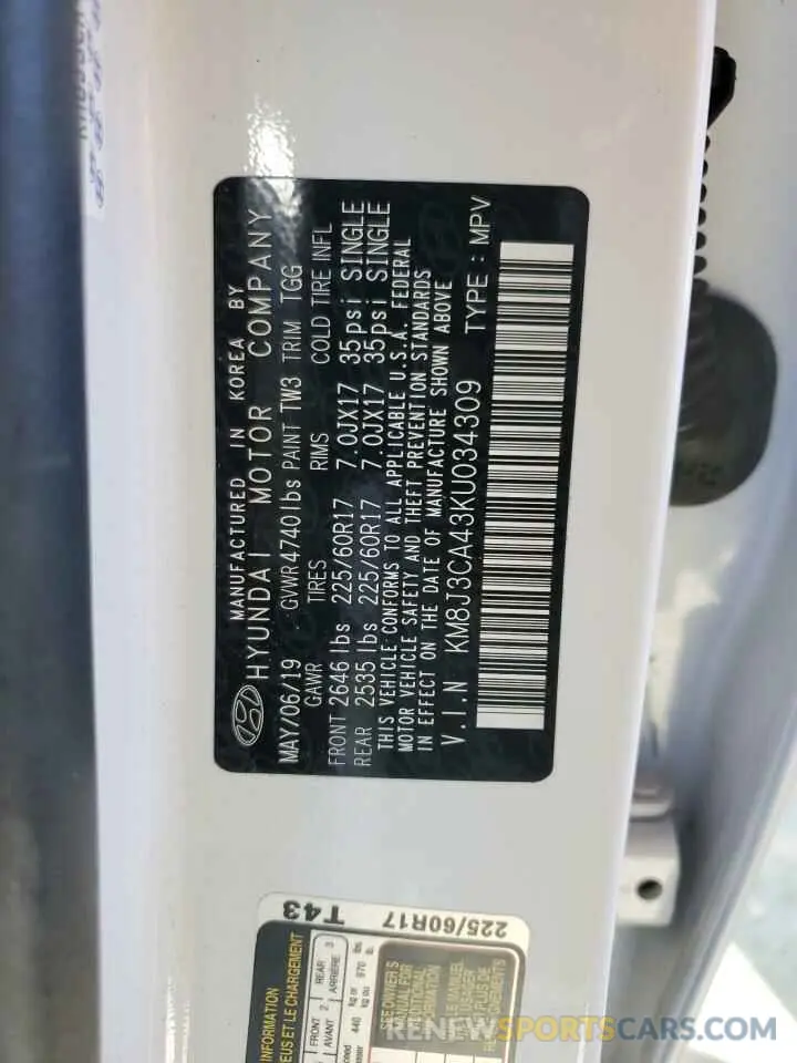 13 Photograph of a damaged car KM8J3CA43KU034309 HYUNDAI TUCSON 2019