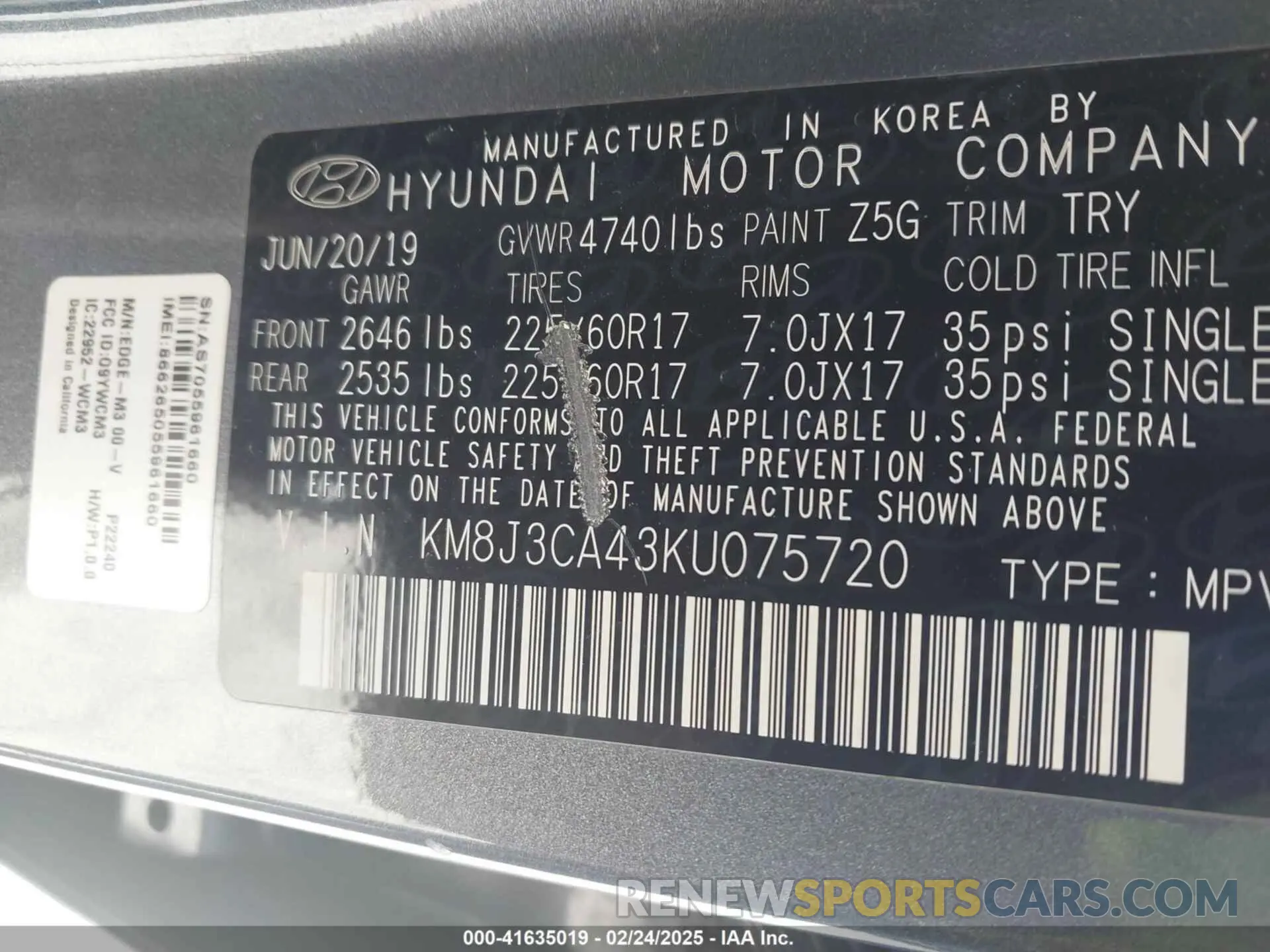9 Фотография поврежденного автомобиля KM8J3CA43KU075720 HYUNDAI TUCSON 2019