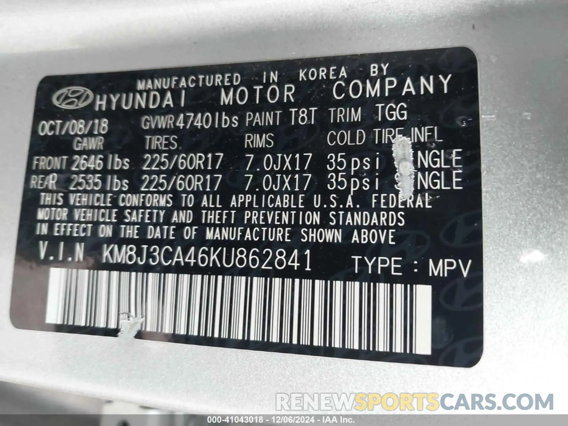 9 Photograph of a damaged car KM8J3CA46KU862841 HYUNDAI TUCSON 2019