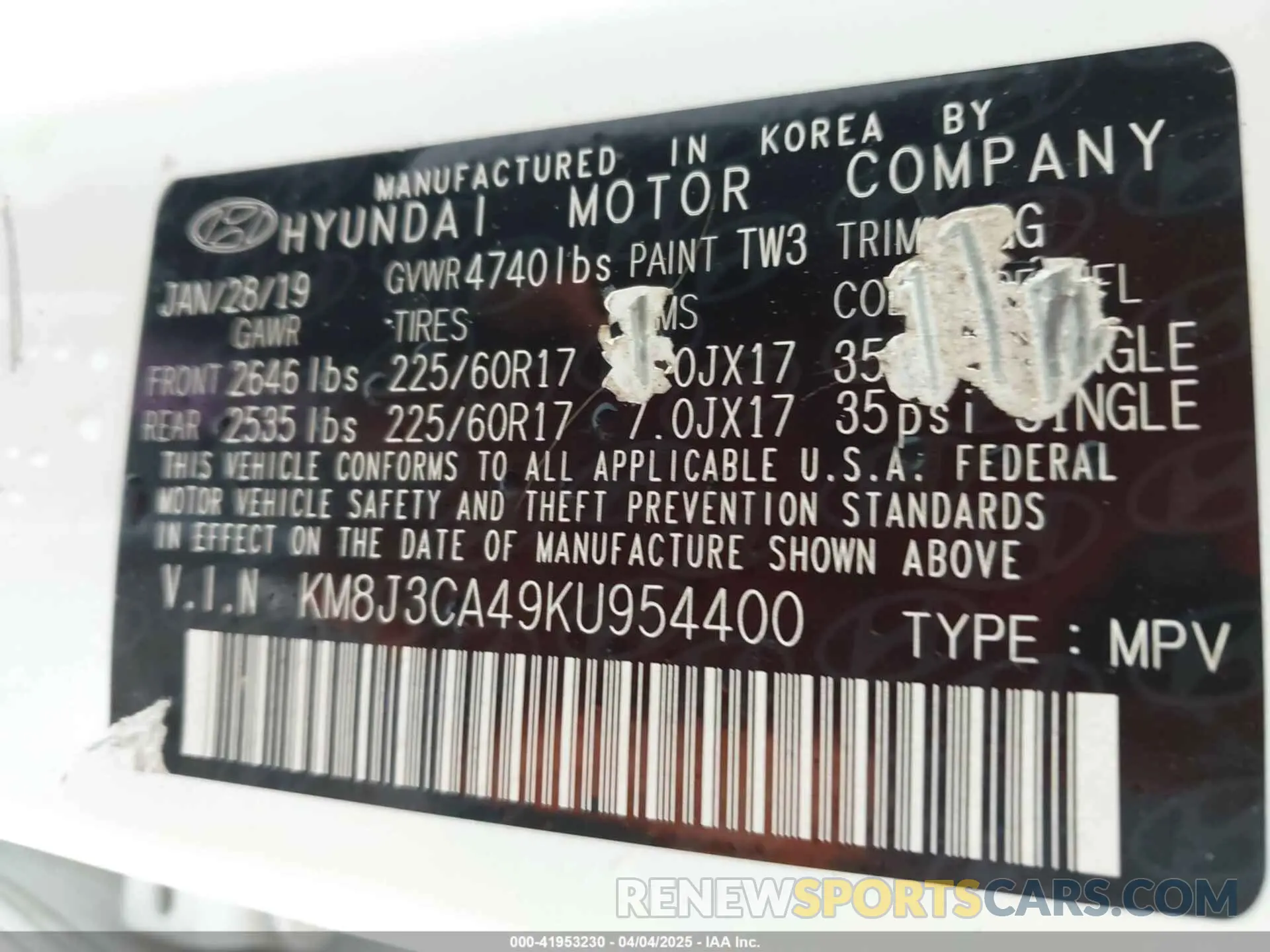9 Фотография поврежденного автомобиля KM8J3CA49KU954400 HYUNDAI TUCSON 2019