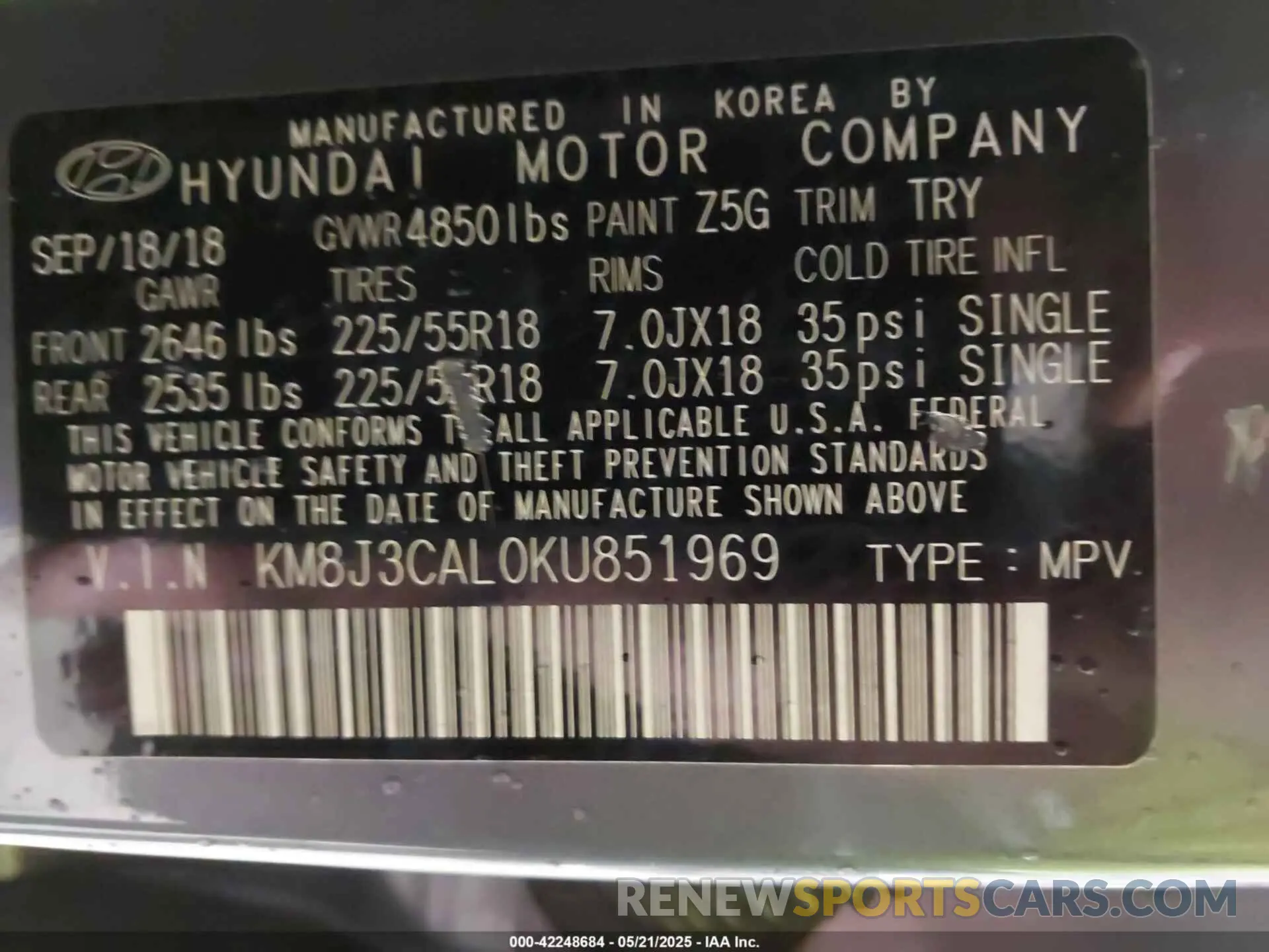 9 Фотография поврежденного автомобиля KM8J3CAL0KU851969 HYUNDAI TUCSON 2019