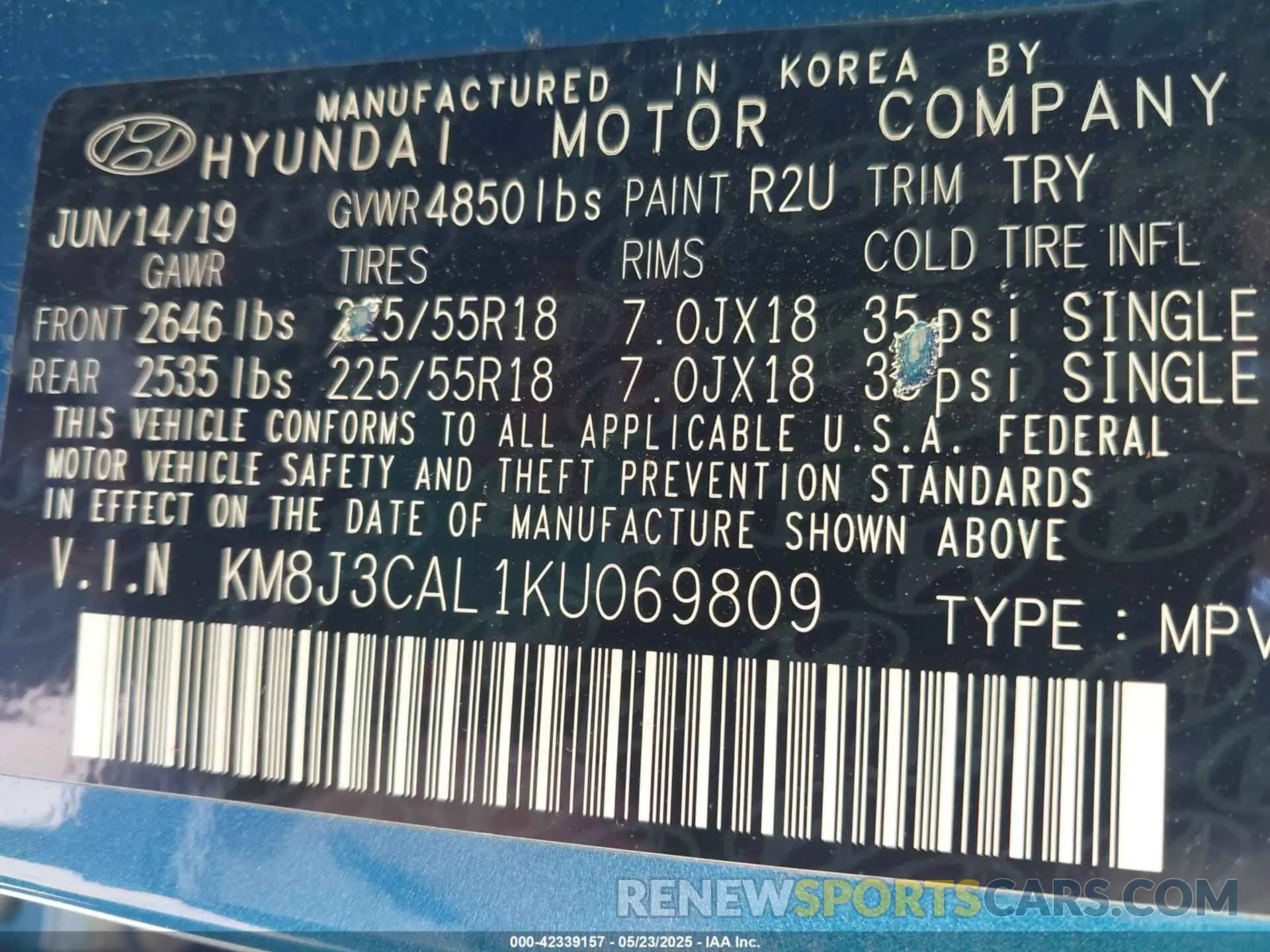 9 Фотография поврежденного автомобиля KM8J3CAL1KU069809 HYUNDAI TUCSON 2019