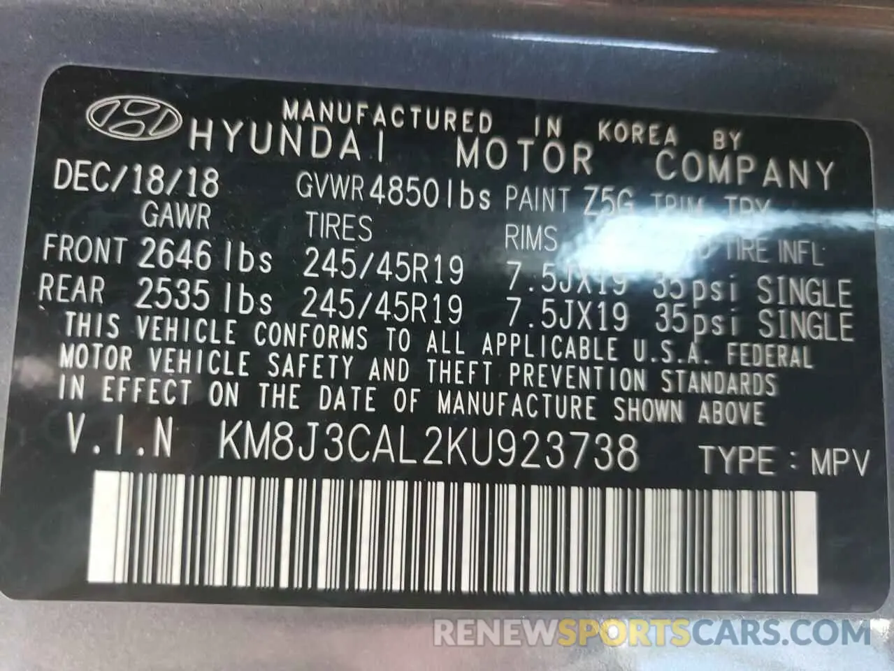 13 Фотография поврежденного автомобиля KM8J3CAL2KU923738 HYUNDAI TUCSON 2019