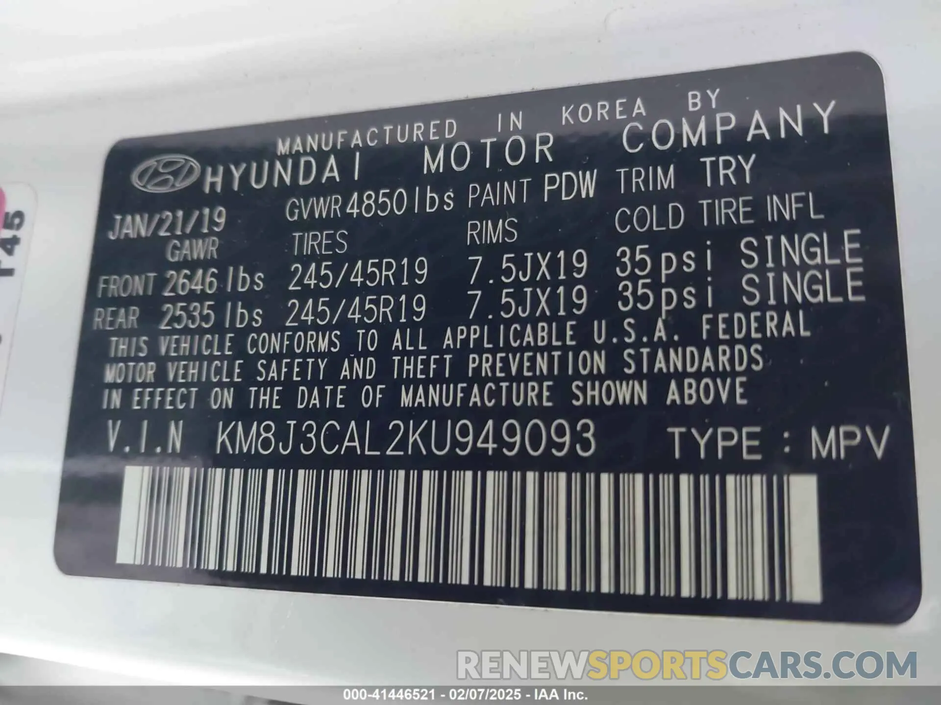 9 Фотография поврежденного автомобиля KM8J3CAL2KU949093 HYUNDAI TUCSON 2019