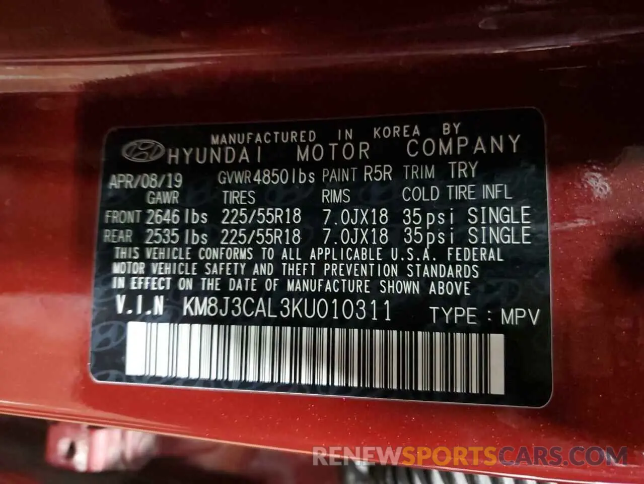 13 Photograph of a damaged car KM8J3CAL3KU010311 HYUNDAI TUCSON 2019