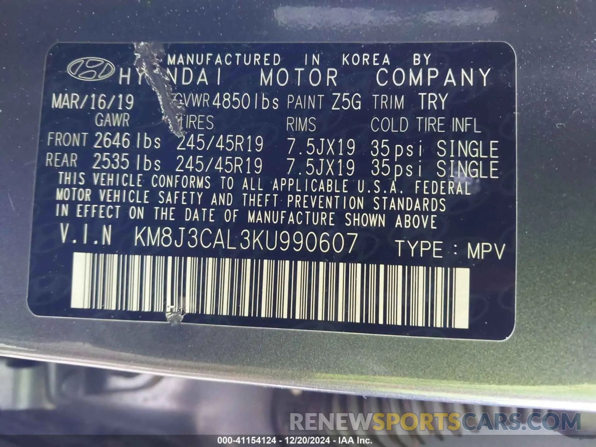 9 Фотография поврежденного автомобиля KM8J3CAL3KU990607 HYUNDAI TUCSON 2019