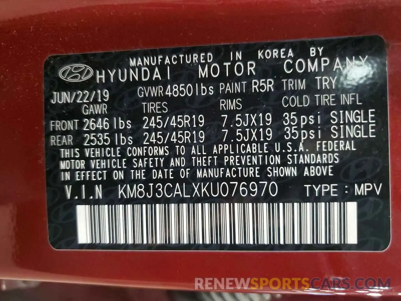 13 Фотография поврежденного автомобиля KM8J3CALXKU076970 HYUNDAI TUCSON 2019