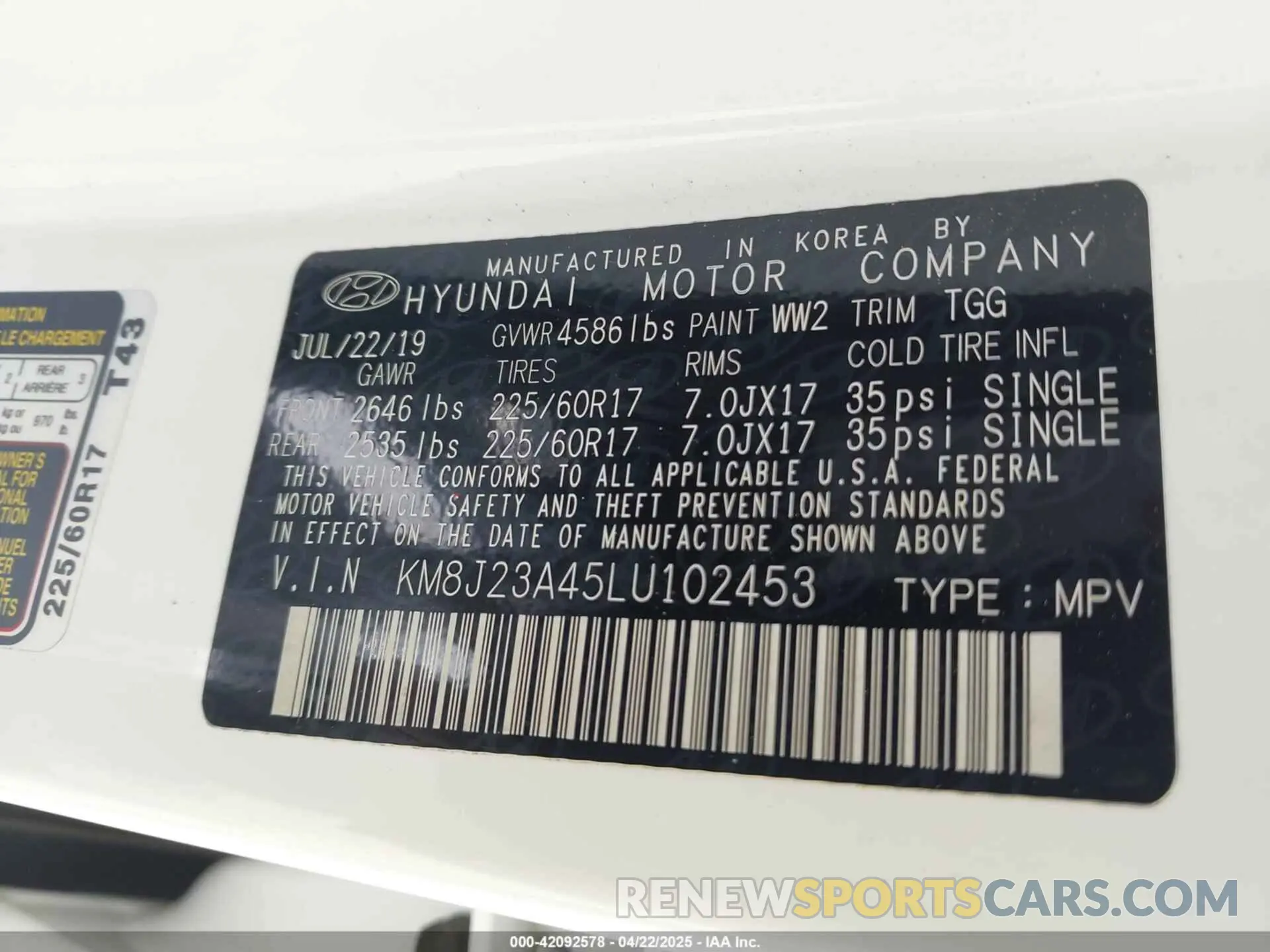 9 Фотография поврежденного автомобиля KM8J23A45LU102453 HYUNDAI TUCSON 2020