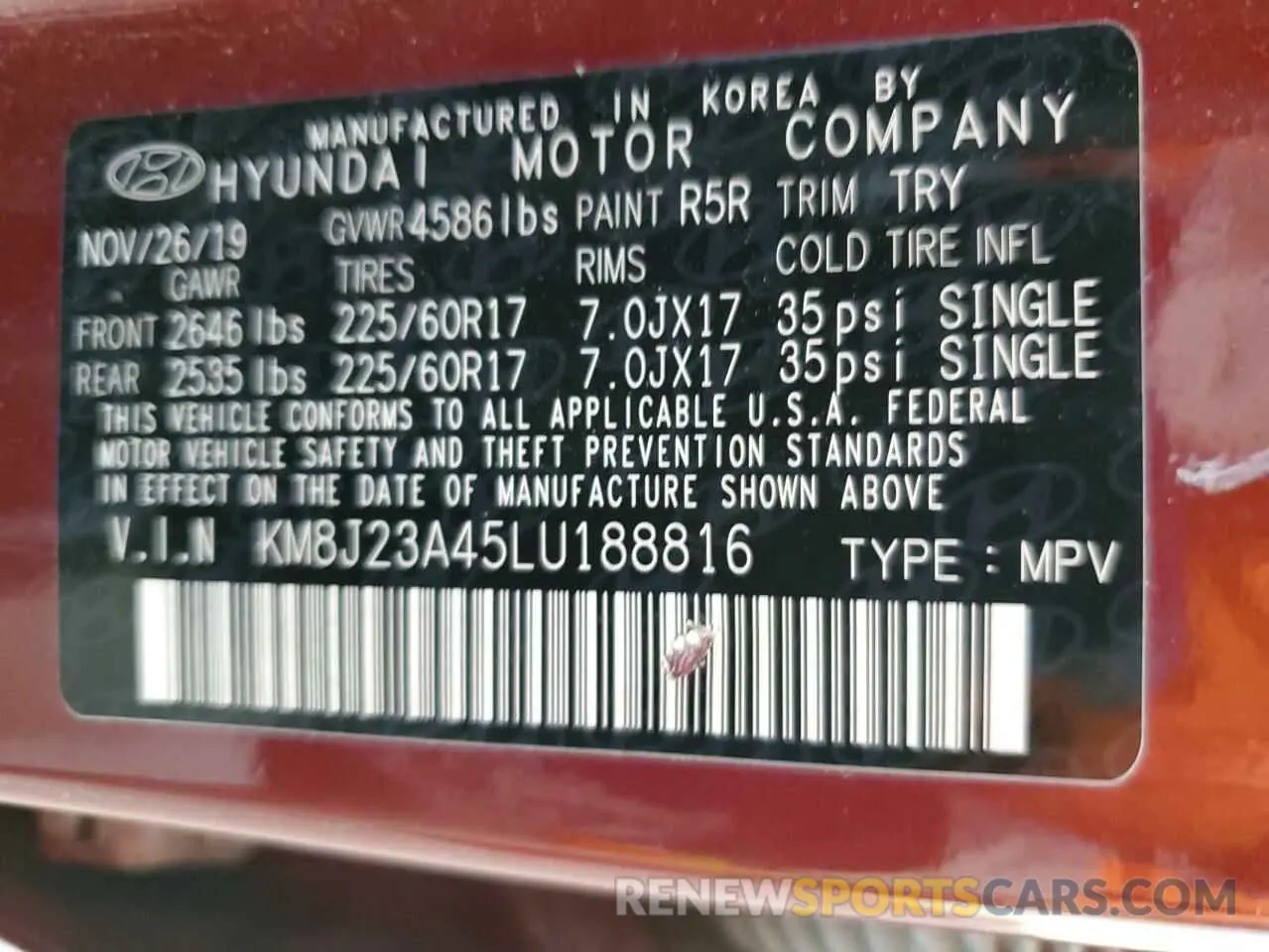 13 Photograph of a damaged car KM8J23A45LU188816 HYUNDAI TUCSON 2020