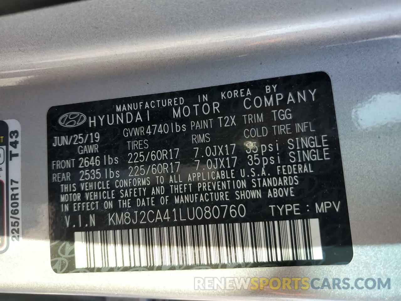 13 Photograph of a damaged car KM8J2CA41LU080760 HYUNDAI TUCSON 2020