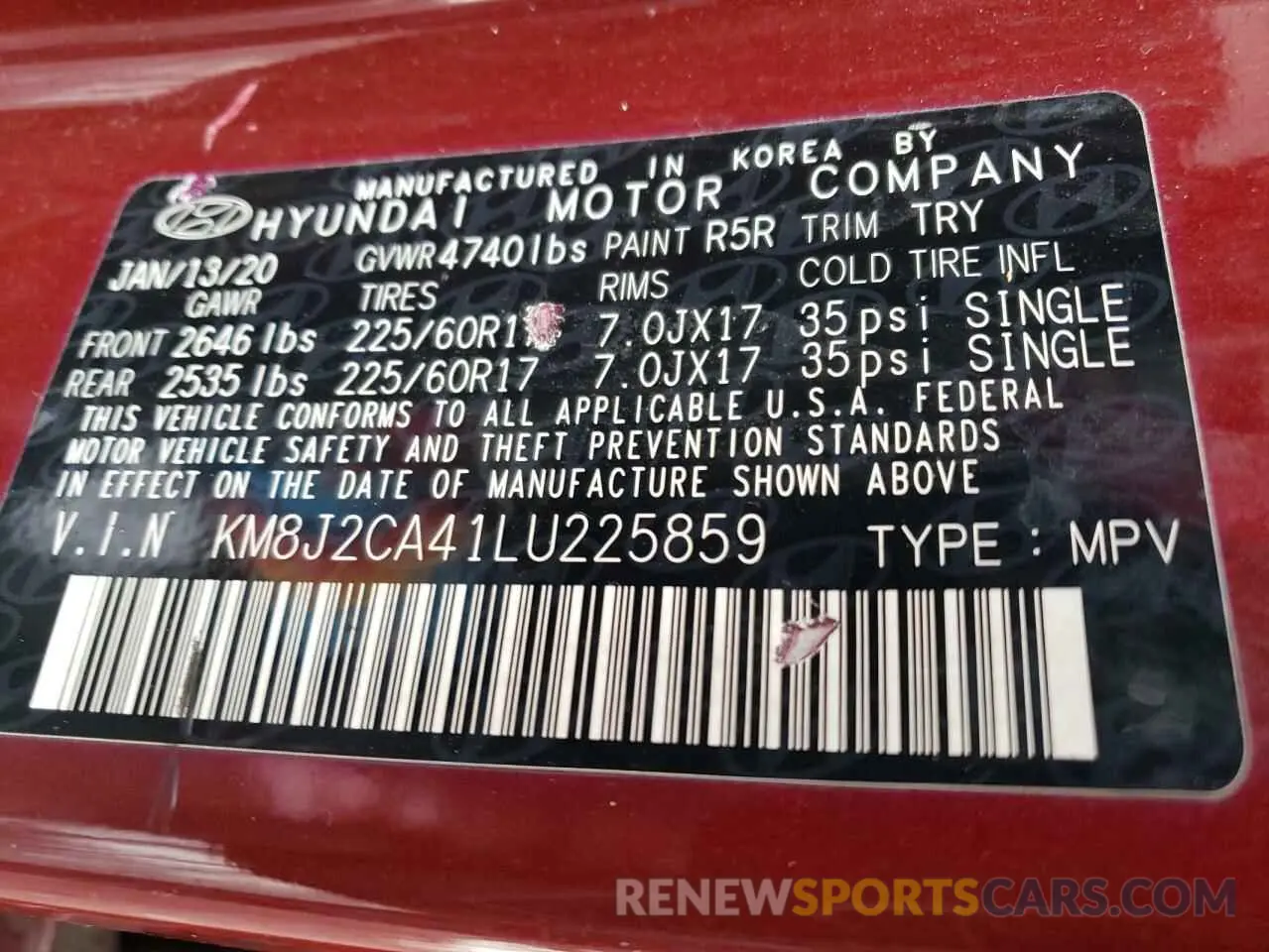 13 Photograph of a damaged car KM8J2CA41LU225859 HYUNDAI TUCSON 2020