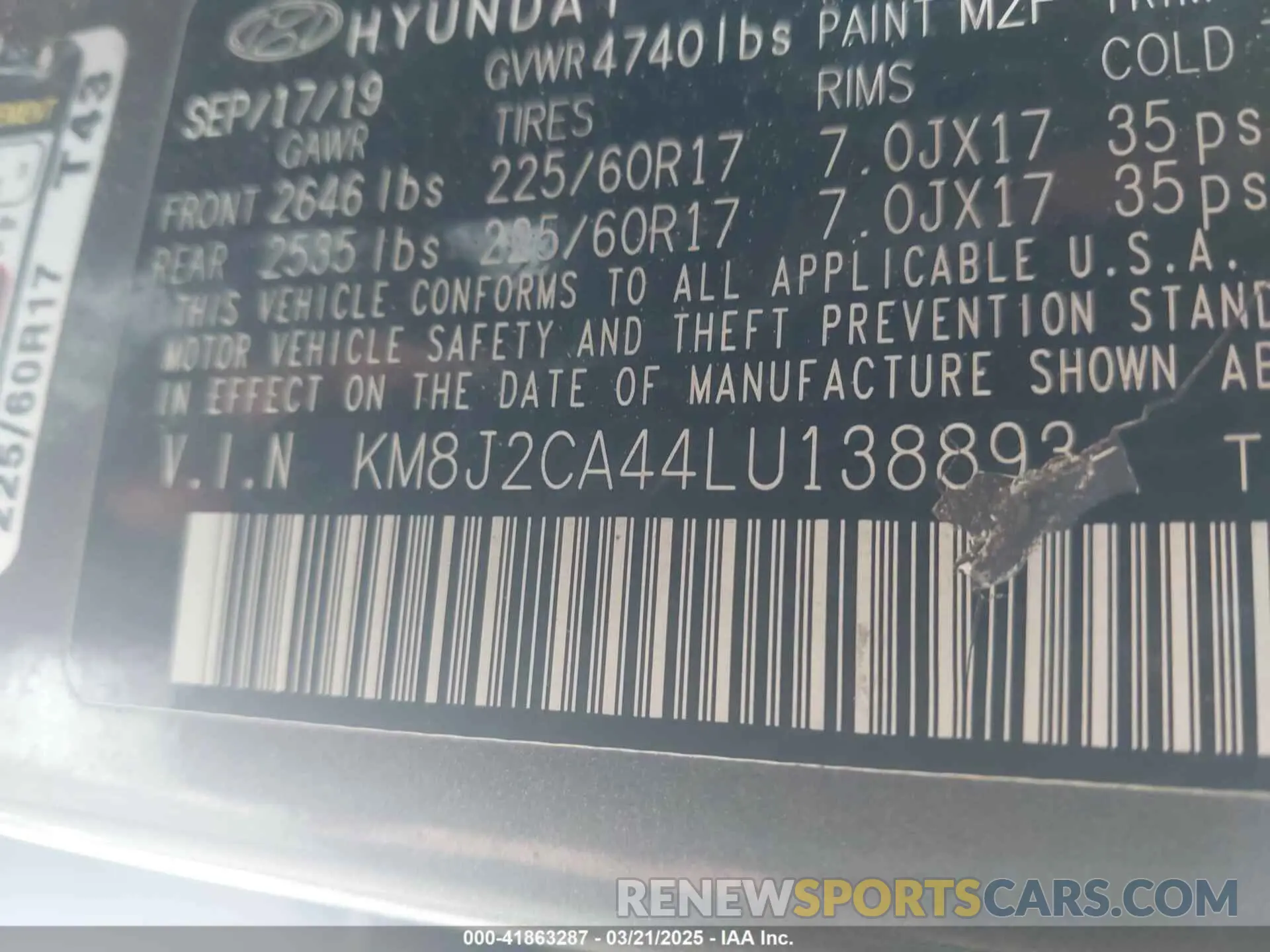 9 Фотография поврежденного автомобиля KM8J2CA44LU138893 HYUNDAI TUCSON 2020
