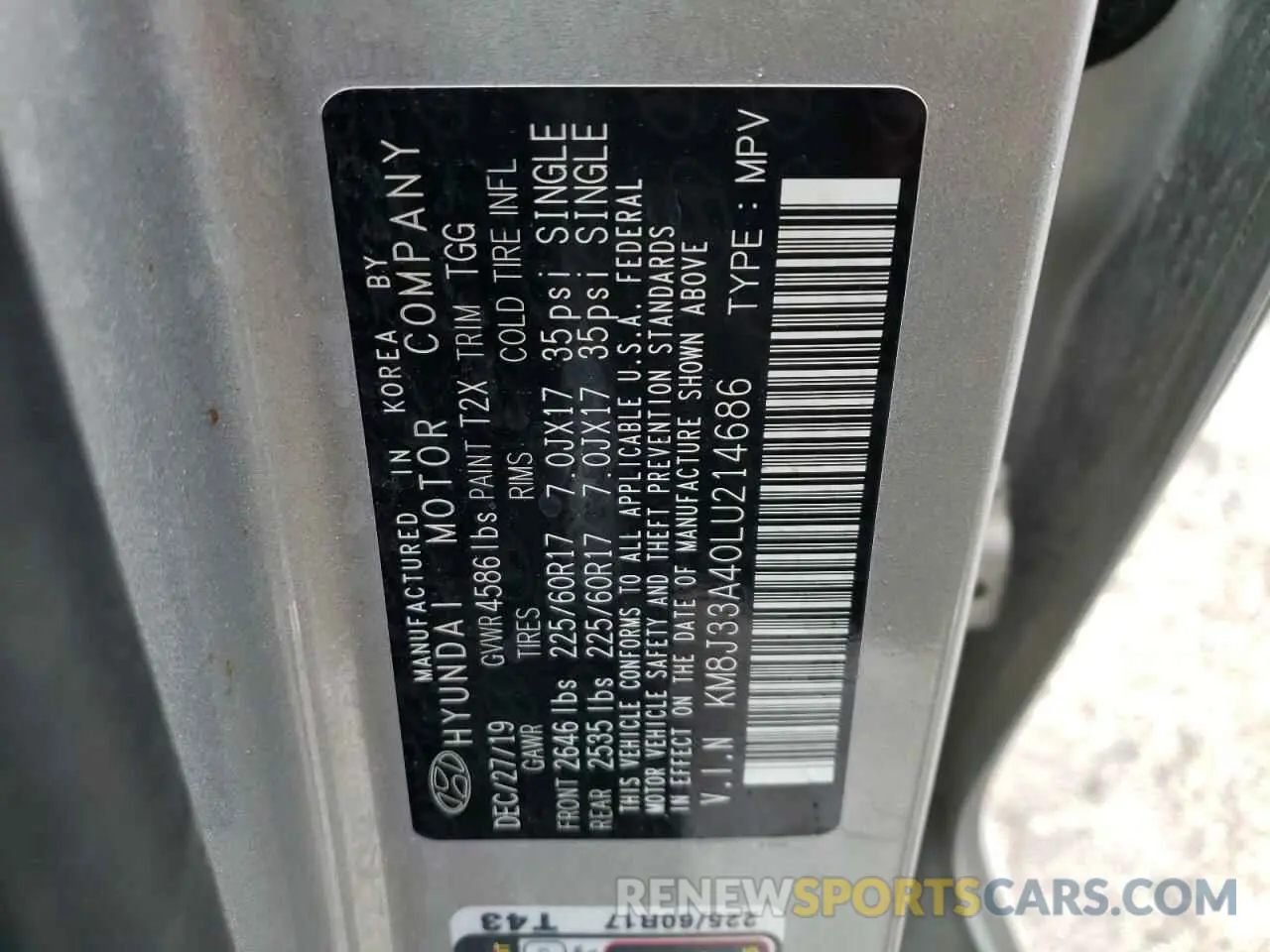 13 Photograph of a damaged car KM8J33A40LU214686 HYUNDAI TUCSON 2020
