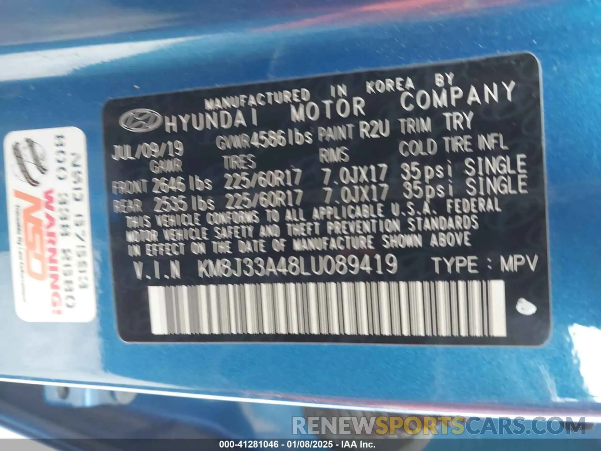 9 Фотография поврежденного автомобиля KM8J33A48LU089419 HYUNDAI TUCSON 2020