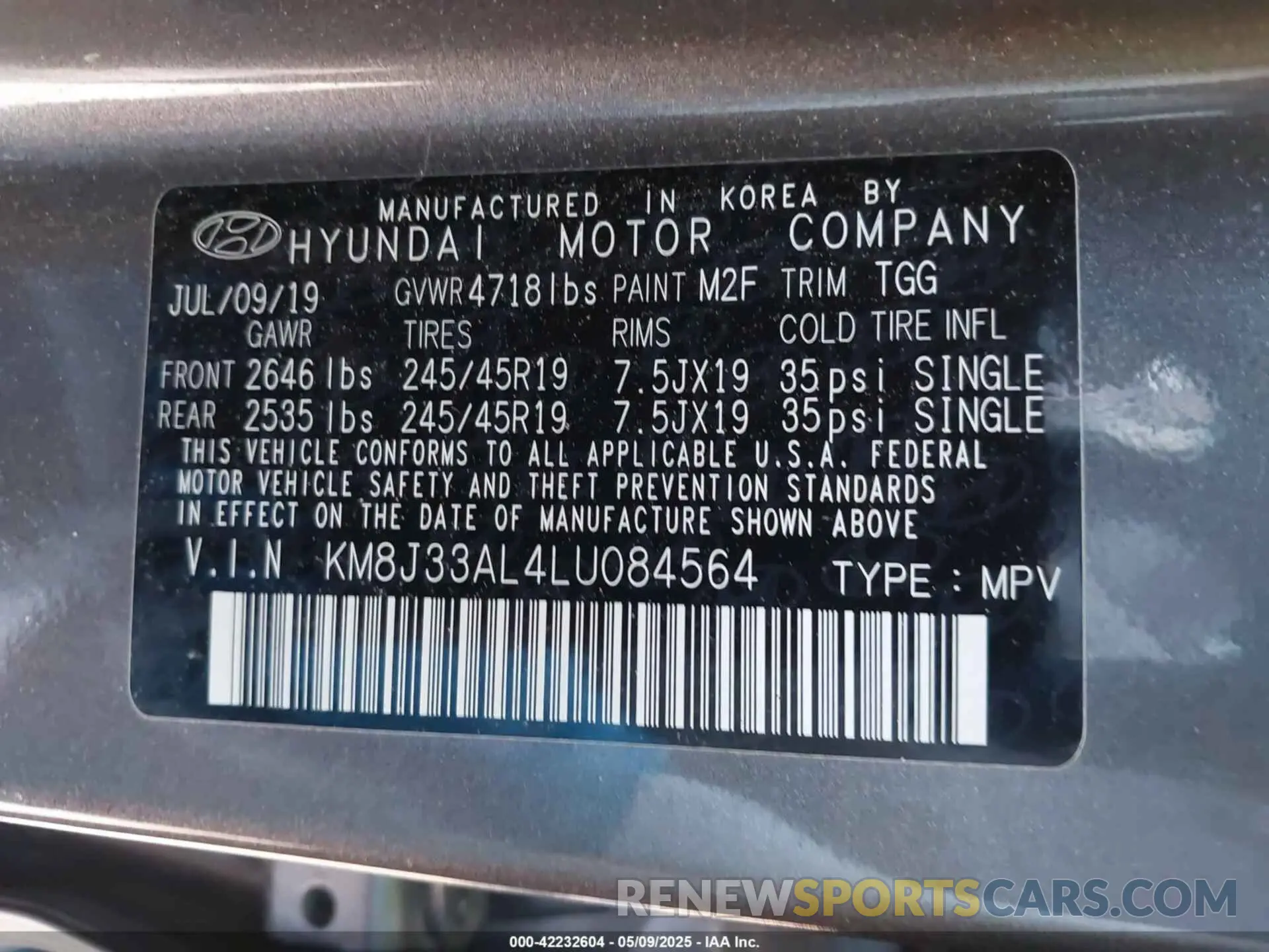 9 Photograph of a damaged car KM8J33AL4LU084564 HYUNDAI TUCSON 2020