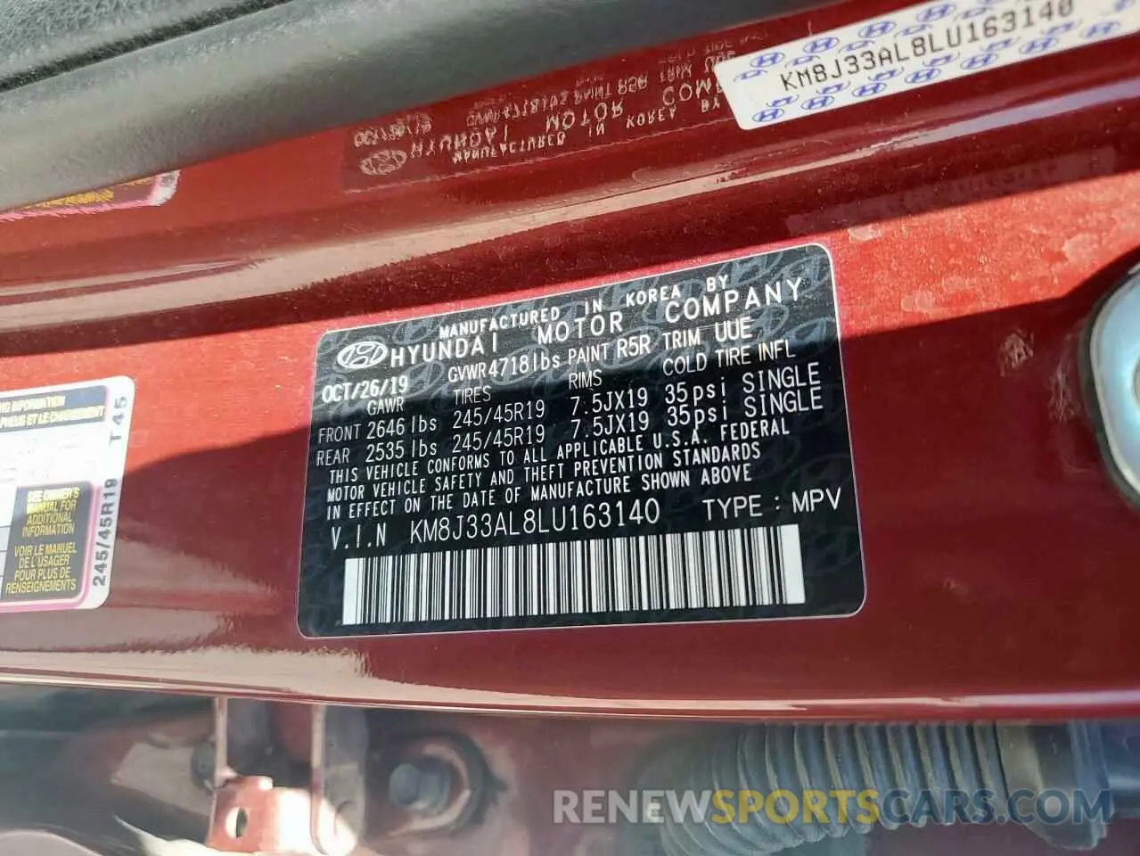 13 Photograph of a damaged car KM8J33AL8LU163140 HYUNDAI TUCSON 2020