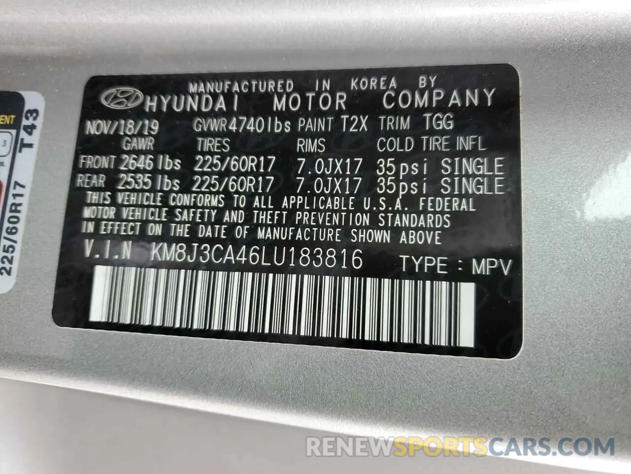13 Фотография поврежденного автомобиля KM8J3CA46LU183816 HYUNDAI TUCSON 2020