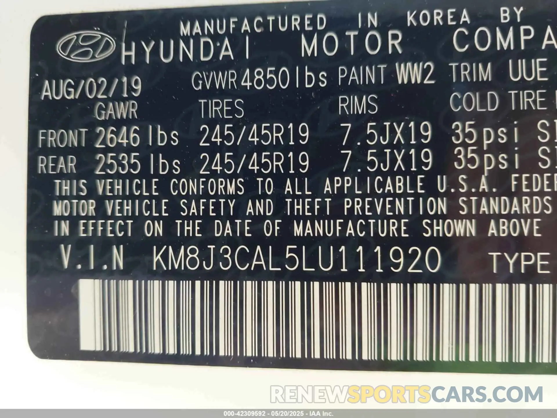 9 Фотография поврежденного автомобиля KM8J3CAL5LU111920 HYUNDAI TUCSON 2020