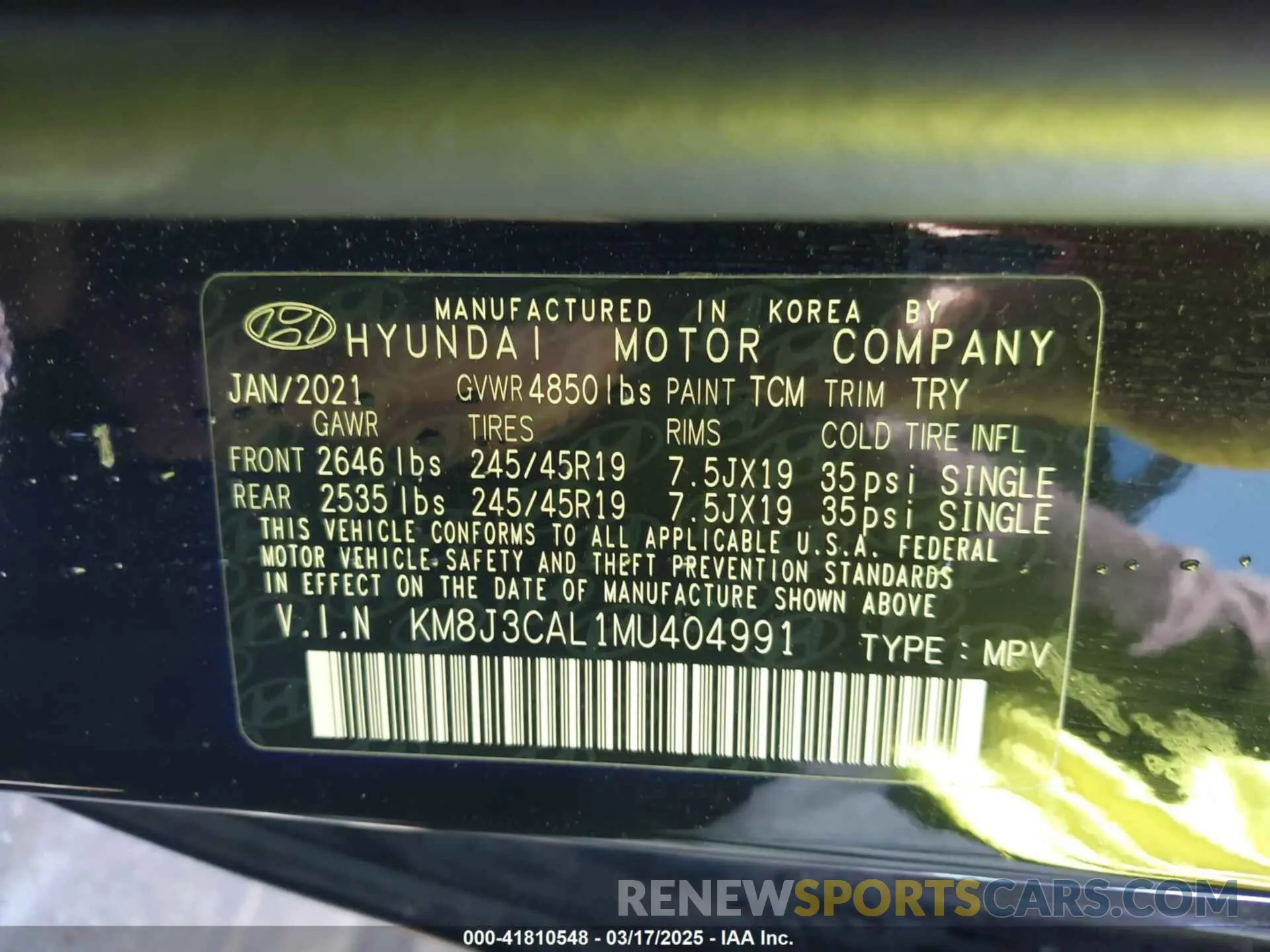 9 Фотография поврежденного автомобиля KM8J3CAL1MU404991 HYUNDAI TUCSON 2021