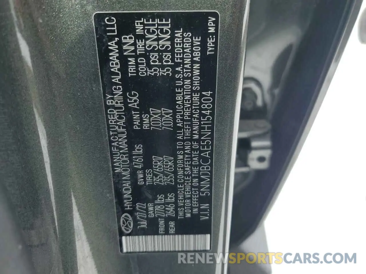 13 Photograph of a damaged car 5NMJBCAE5NH154804 HYUNDAI TUCSON 2022
