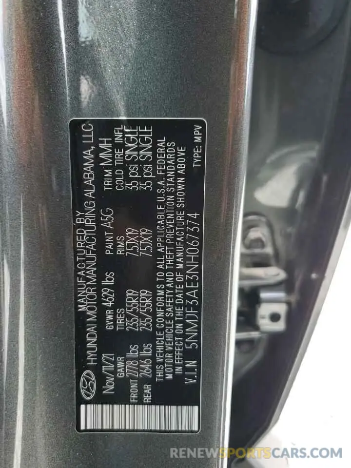 14 Photograph of a damaged car 5NMJF3AE3NH067374 HYUNDAI TUCSON 2022