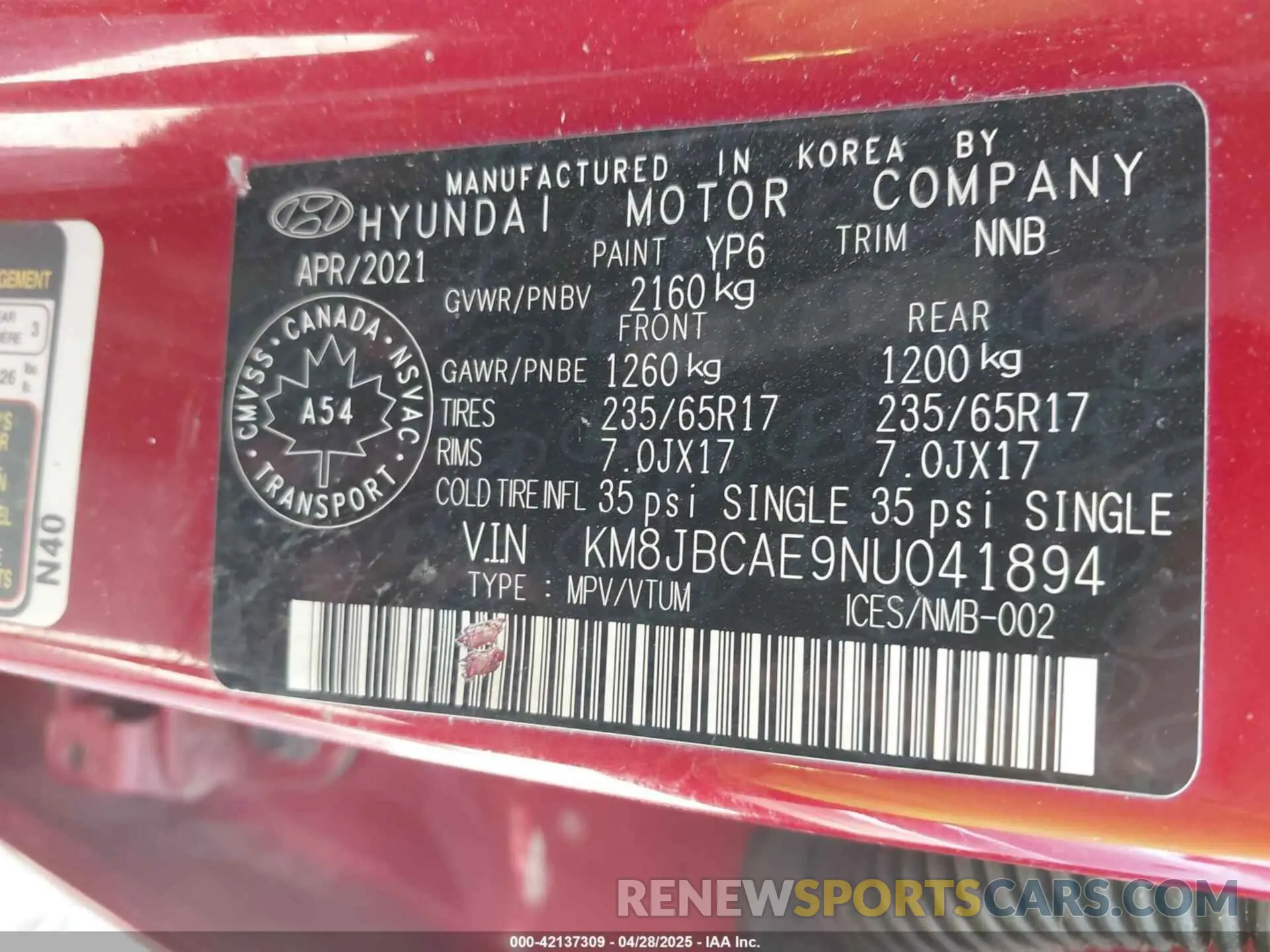9 Фотография поврежденного автомобиля KM8JBCAE9NU041894 HYUNDAI TUCSON 2022