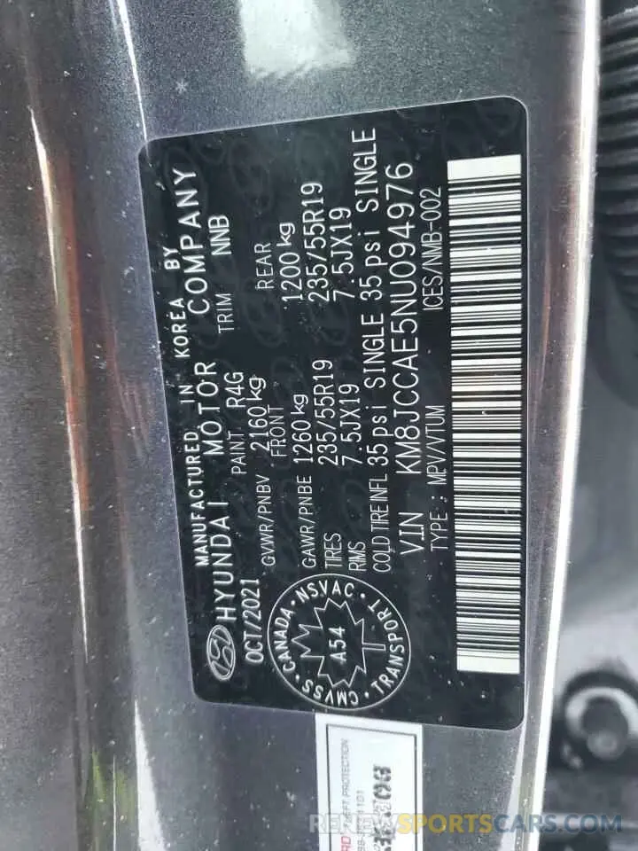 13 Photograph of a damaged car KM8JCCAE5NU094976 HYUNDAI TUCSON 2022