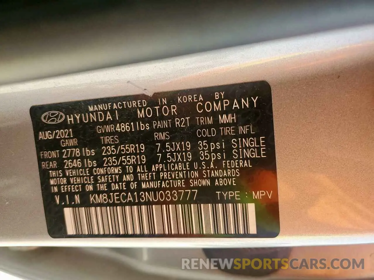 13 Photograph of a damaged car KM8JECA13NU033777 HYUNDAI TUCSON 2022