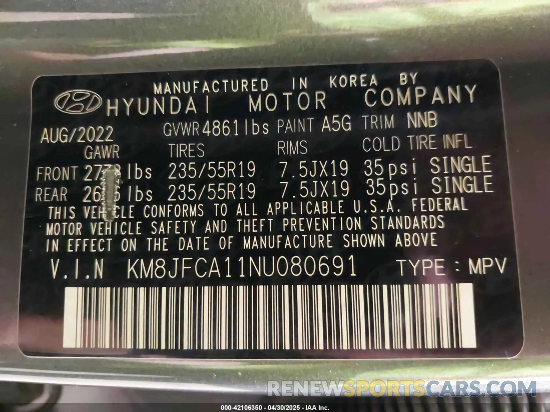 9 Фотография поврежденного автомобиля KM8JFCA11NU080691 HYUNDAI TUCSON HYBRID 2022