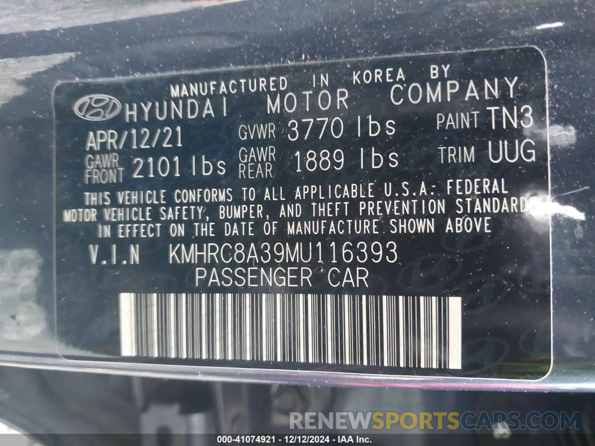9 Фотография поврежденного автомобиля KMHRC8A39MU116393 HYUNDAI VENUE 2021