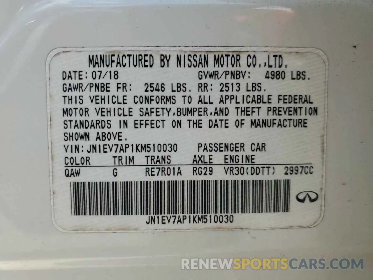 14 Photograph of a damaged car JN1EV7AP1KM510030 INFINITI Q50 2019