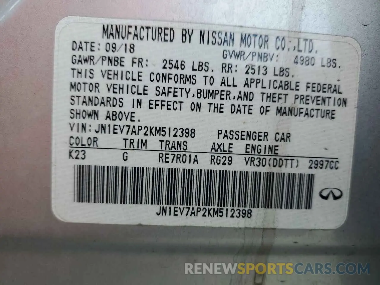 13 Photograph of a damaged car JN1EV7AP2KM512398 INFINITI Q50 2019