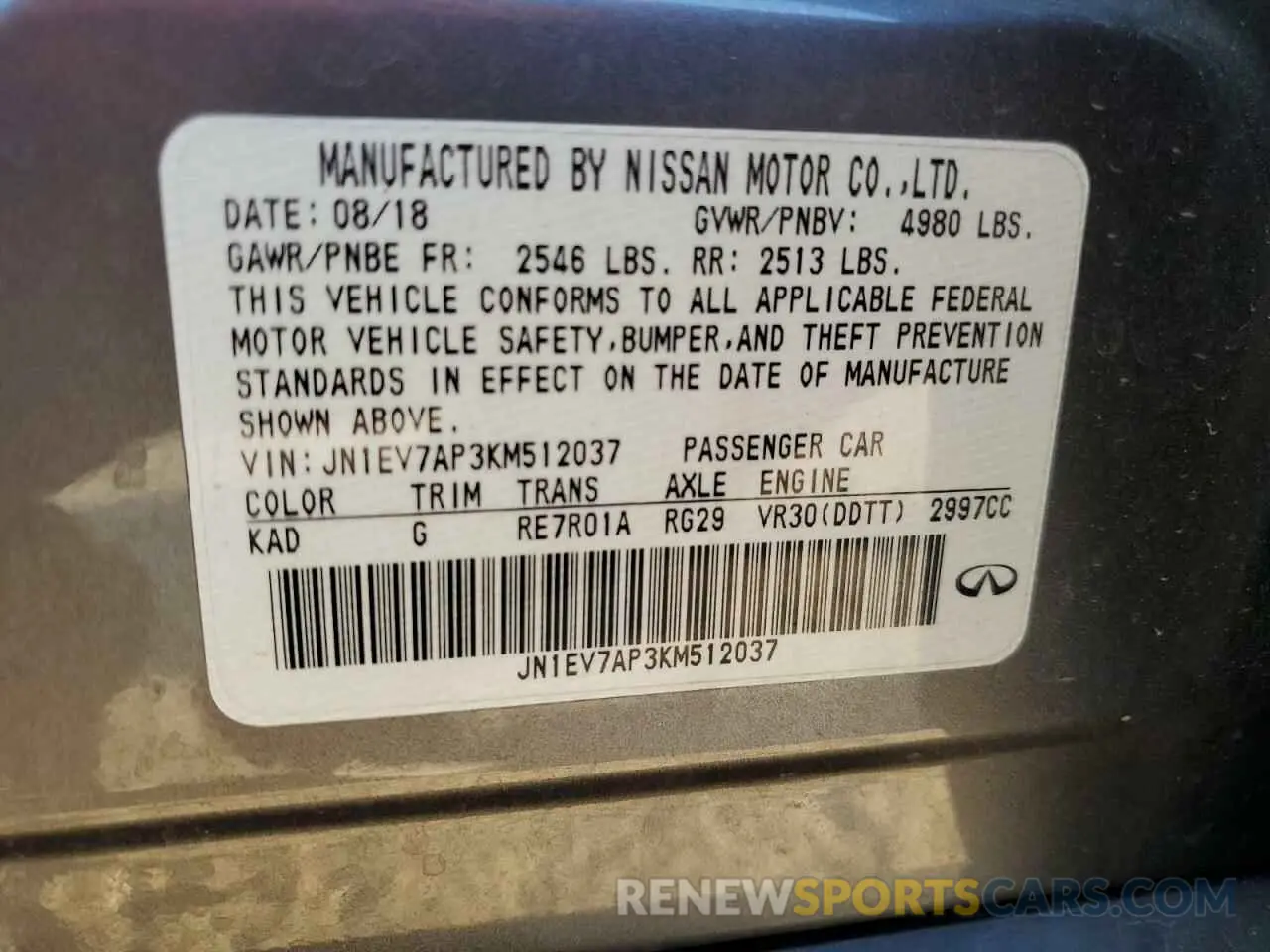 12 Фотография поврежденного автомобиля JN1EV7AP3KM512037 INFINITI Q50 2019