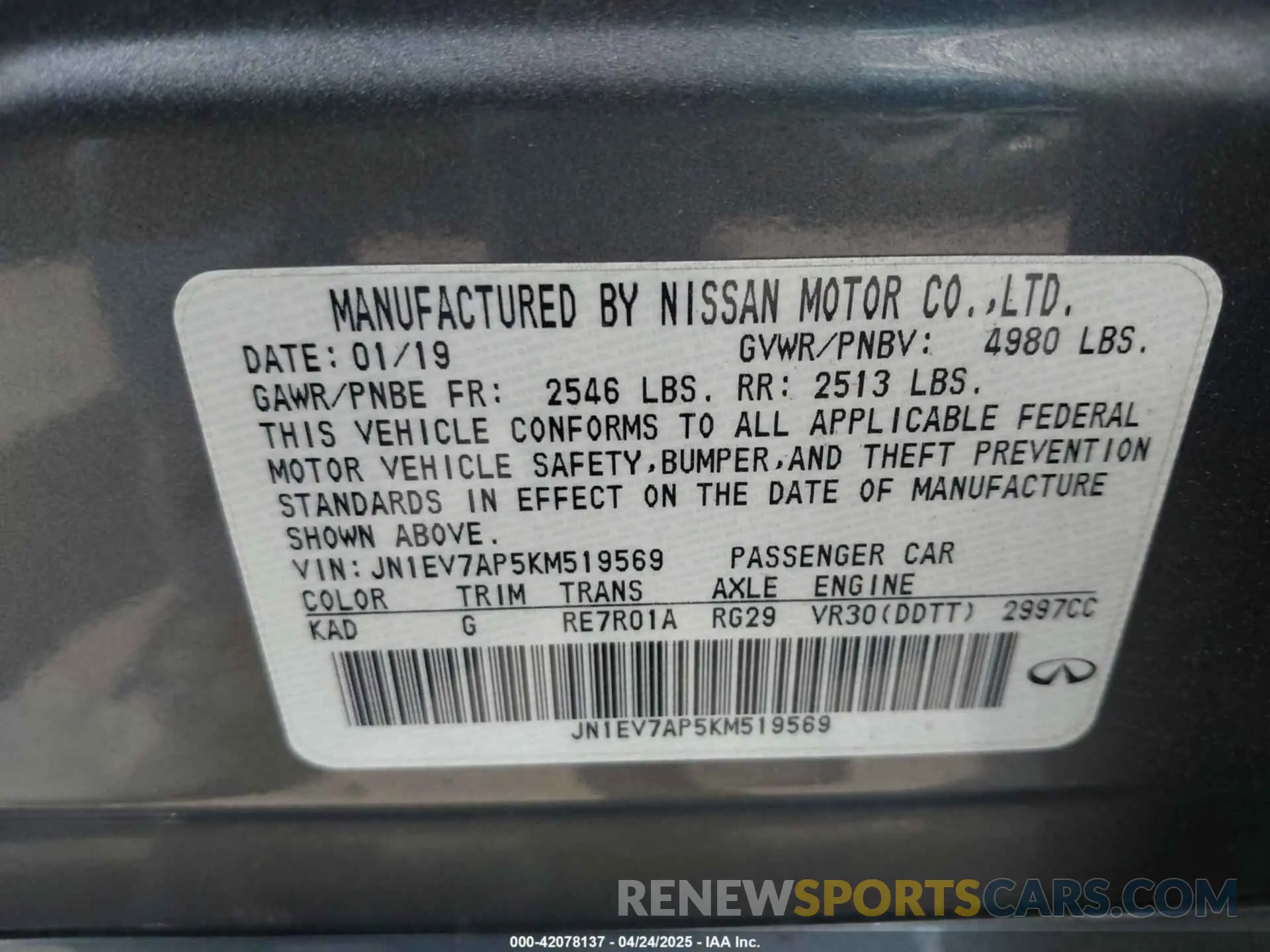 9 Фотография поврежденного автомобиля JN1EV7AP5KM519569 INFINITI Q50 2019