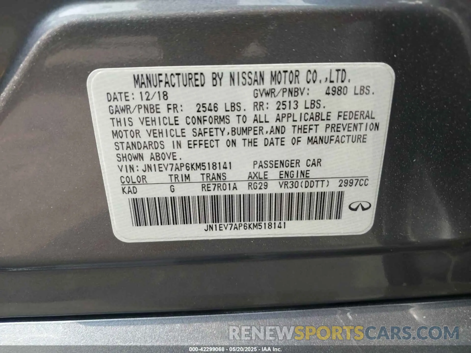 9 Photograph of a damaged car JN1EV7AP6KM518141 INFINITI Q50 2019