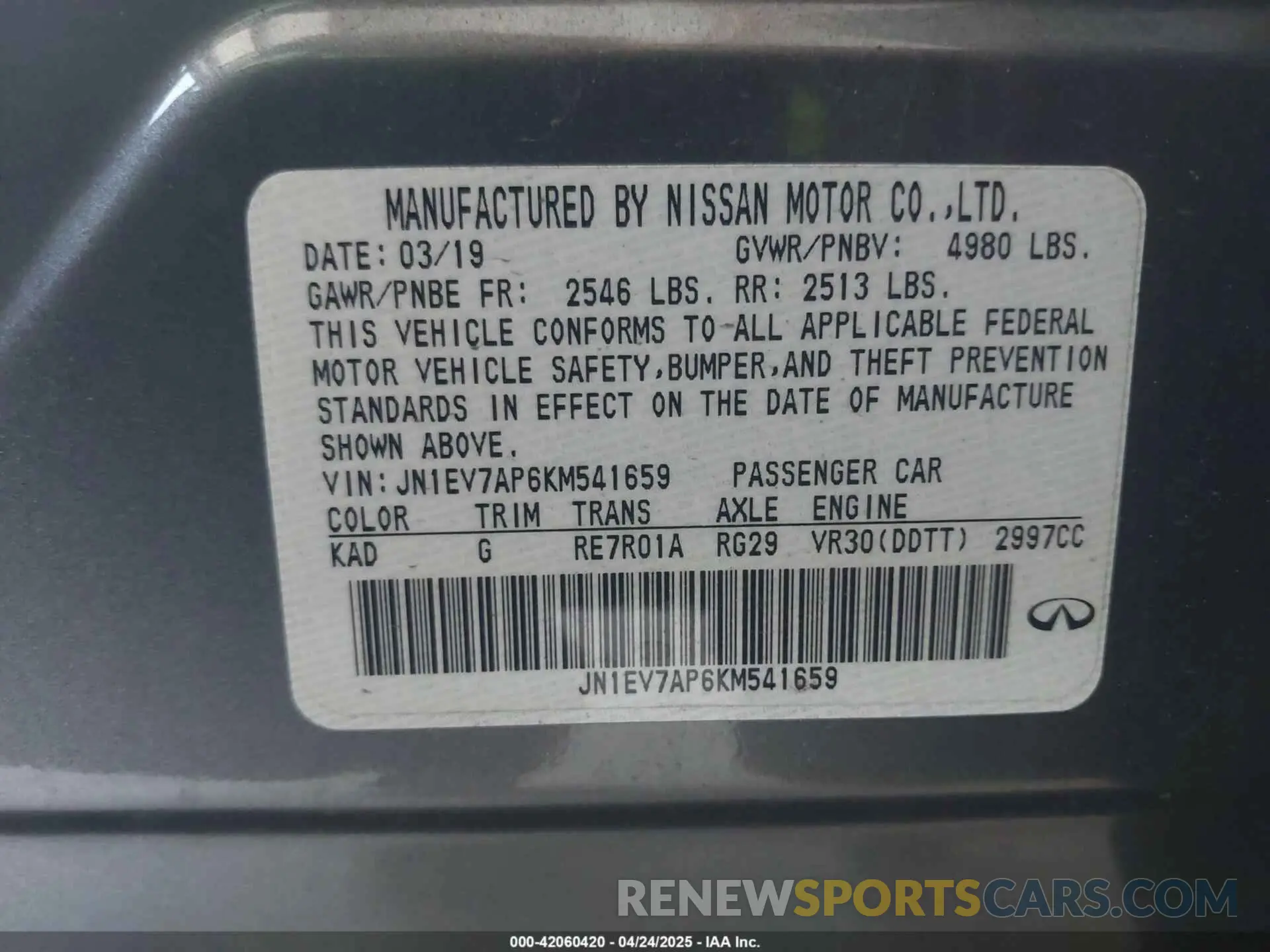 9 Фотография поврежденного автомобиля JN1EV7AP6KM541659 INFINITI Q50 2019