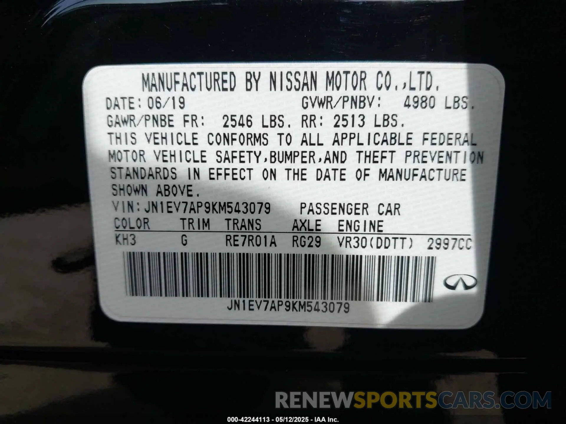 9 Photograph of a damaged car JN1EV7AP9KM543079 INFINITI Q50 2019