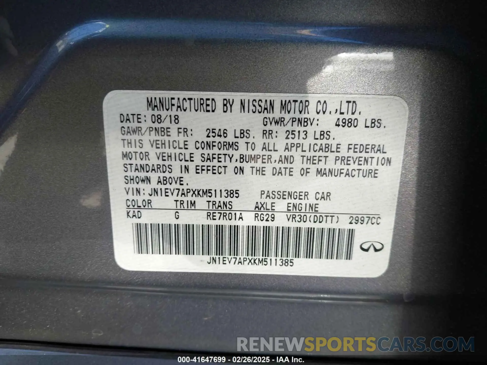 9 Фотография поврежденного автомобиля JN1EV7APXKM511385 INFINITI Q50 2019