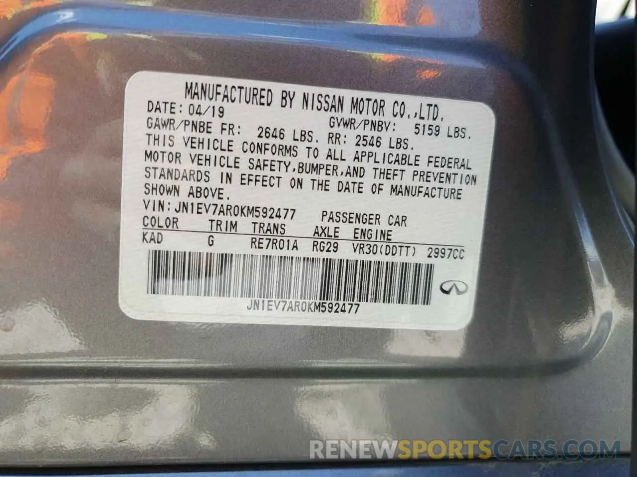 12 Фотография поврежденного автомобиля JN1EV7AR0KM592477 INFINITI Q50 2019
